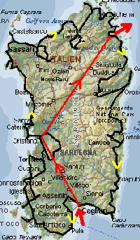 Ankunft in Cagliari, im Uhrzeigersinn (schwarz) um die Insel - über die Schnellstrasse (rot) nach Olbia - und dann über Livorno leider hemm